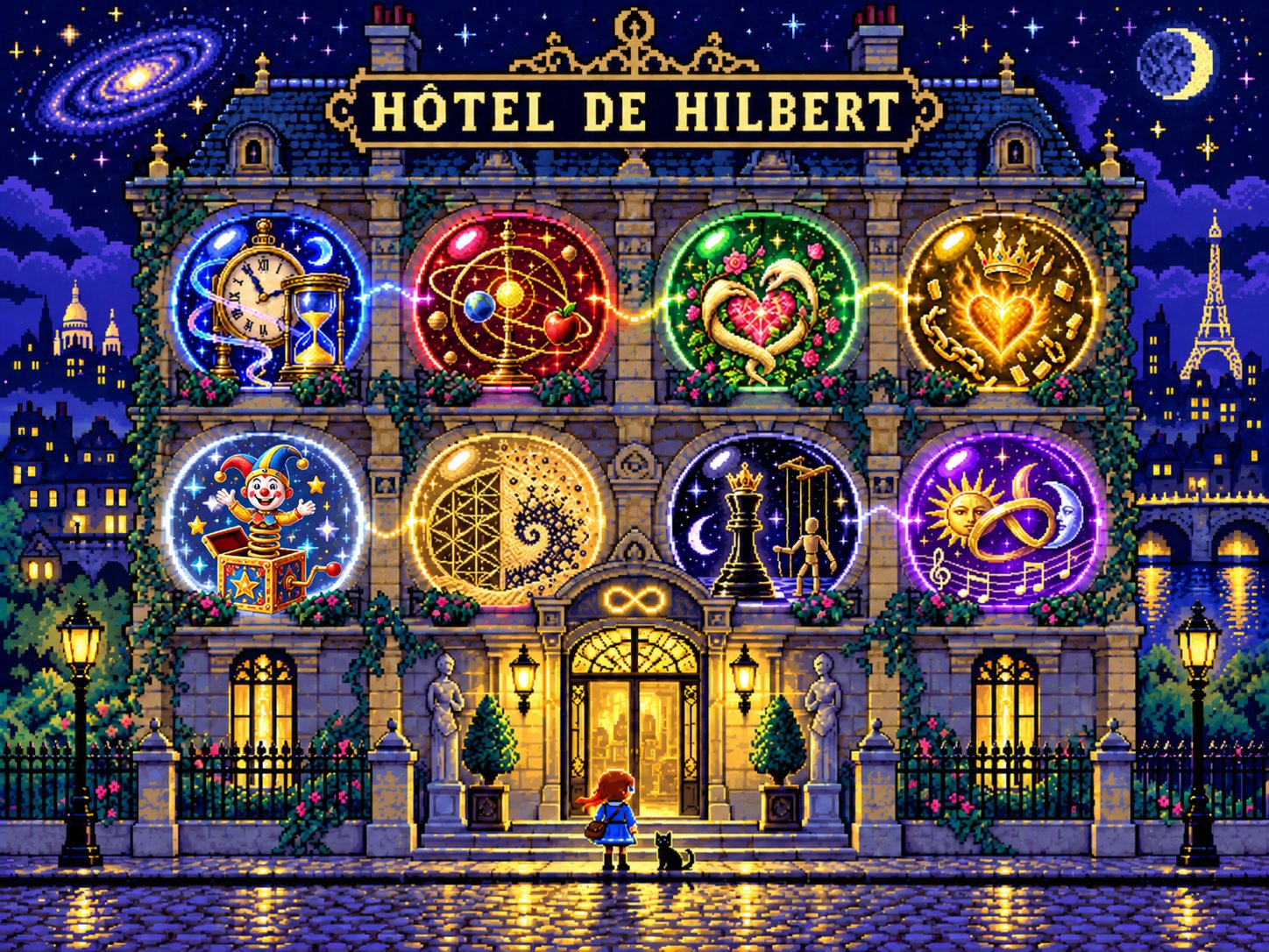 Façade de l'Hôtel de Hilbert la nuit, avec huit perles-chambres lumineuses